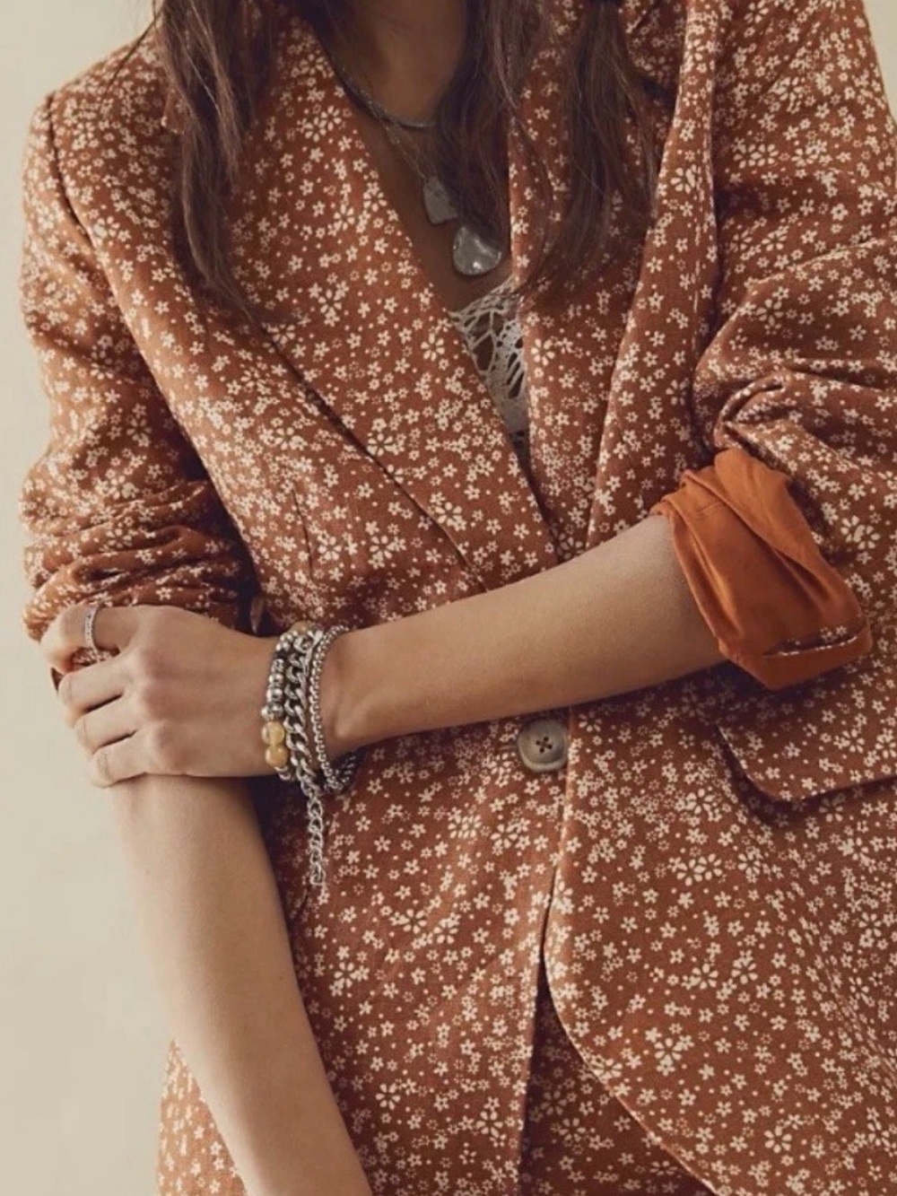 Free People Linen Rust Floral Blazer